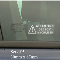5 x OBD Port Disabled Stickers-87mm x 30mm-Security Window Warning Signs-Van,Lorry,Truck,Taxi,Bus,Mini Cab,Minicab.On Board Diagnostics Port Immobilsed